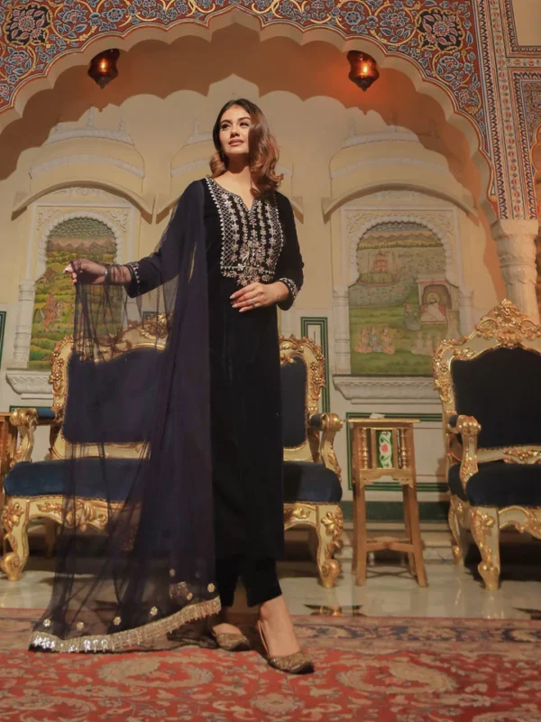 Divena Royal Navy Blue Velvet Zardozi work Embroidered Kurta Pant With Net Dupatta set - Image 8