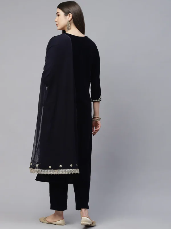 Divena Royal Navy Blue Velvet Zardozi work Embroidered Kurta Pant With Net Dupatta set - Image 3
