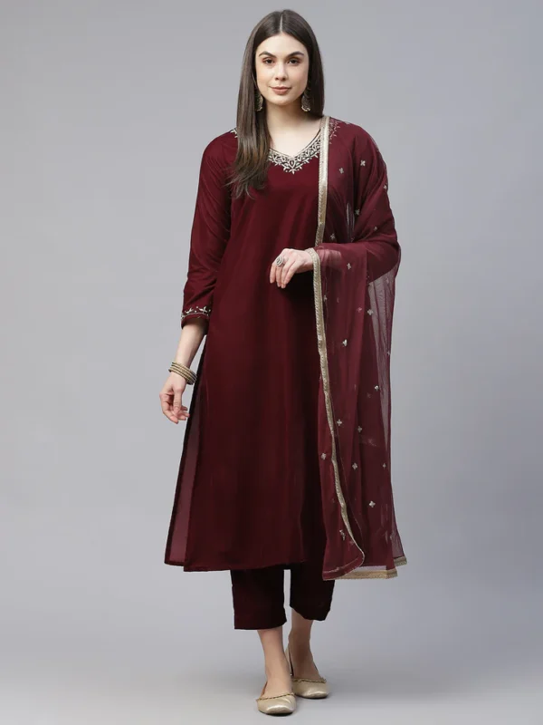 Divena Maroon Velvet hand work Kurta pant With Net Dupatta set - Image 2