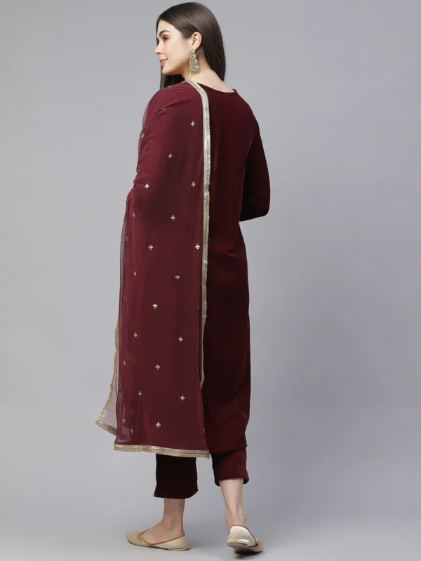 Divena Maroon Velvet hand work Kurta pant With Net Dupatta set - Image 4