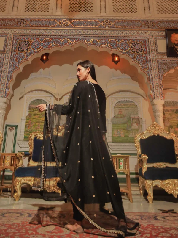 Divena Black Velvet hand work Kurta pant With Net Dupatta set - Image 2