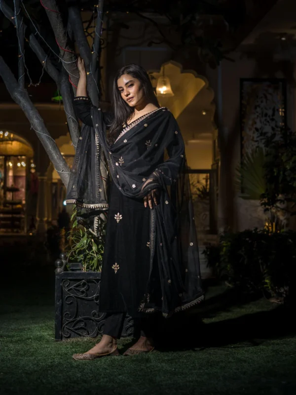 Divena Black Velvet hand work Kurta pant With Net Dupatta set - Image 4