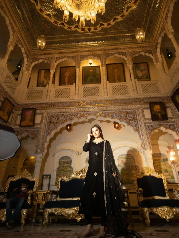 Divena Black Velvet hand work Kurta pant With Net Dupatta set - Image 8