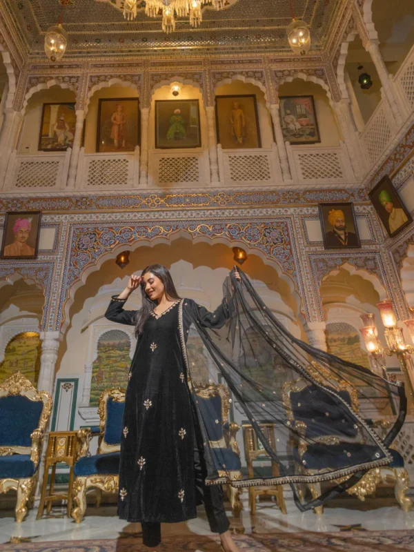 Divena Black Velvet hand work Kurta pant With Net Dupatta set - Image 6