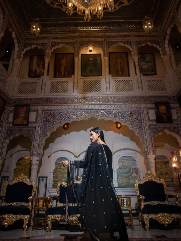 Divena Black Velvet hand work Kurta pant With Net Dupatta set - Image 9