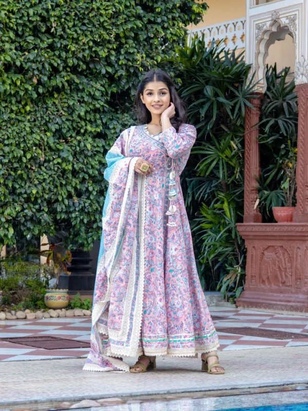 Divena Pink Cotton Floral printed Anarkali kurta Pant set With Dupatta - Image 2