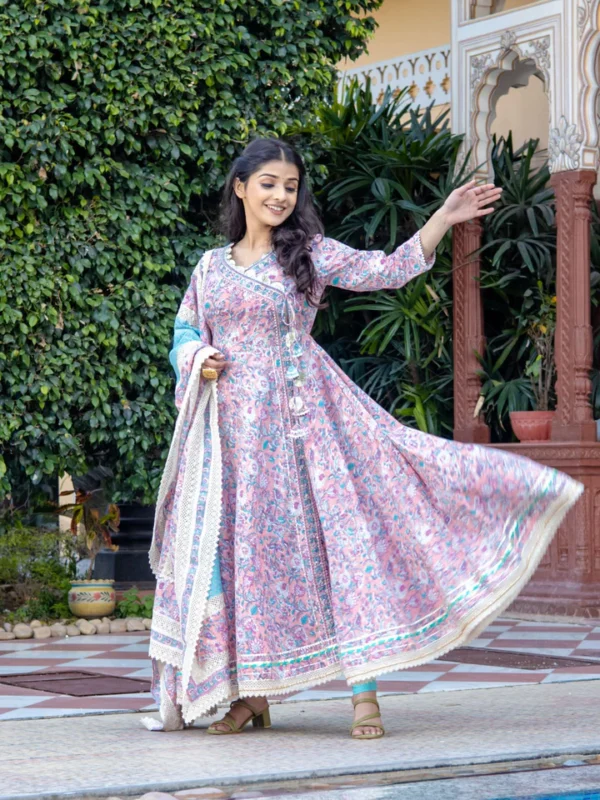 Divena Pink Cotton Floral printed Anarkali kurta Pant set With Dupatta - Image 3