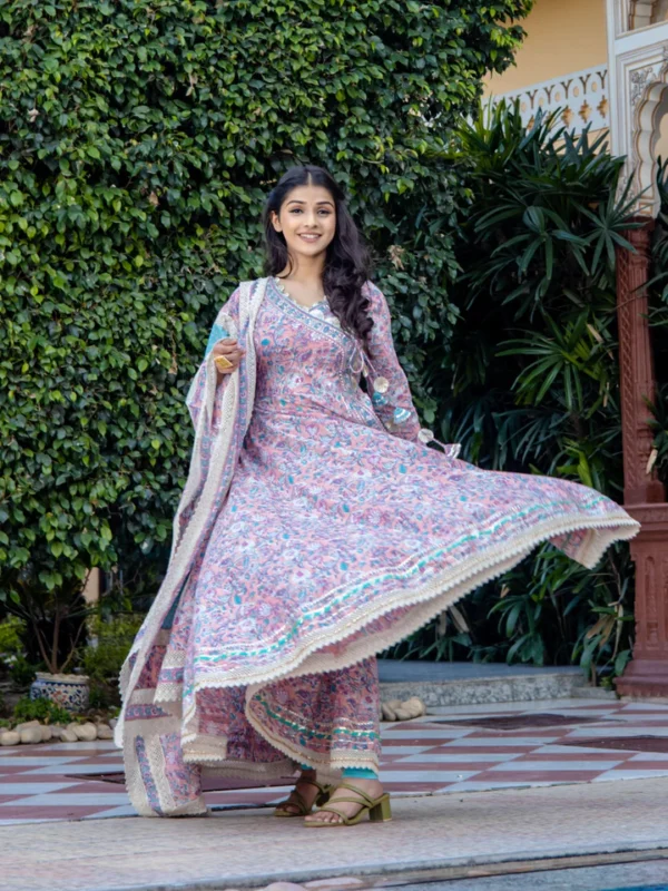 Divena Pink Cotton Floral printed Anarkali kurta Pant set With Dupatta - Image 4