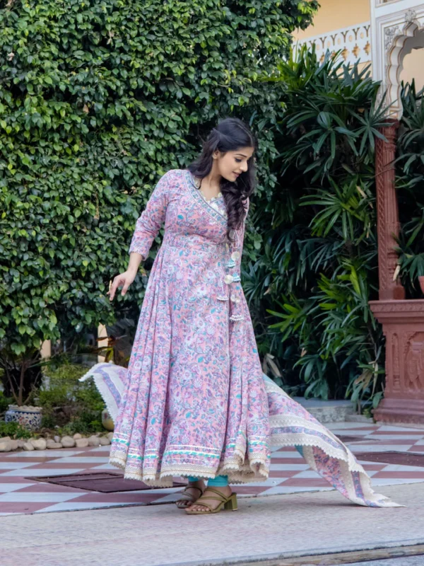 Divena Pink Cotton Floral printed Anarkali kurta Pant set With Dupatta - Image 5