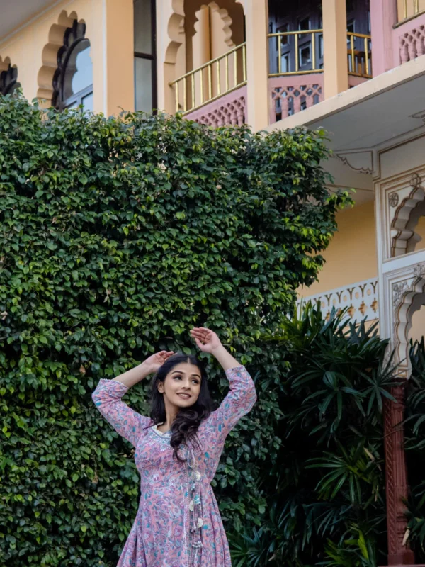 Divena Pink Cotton Floral printed Anarkali kurta Pant set With Dupatta - Image 6