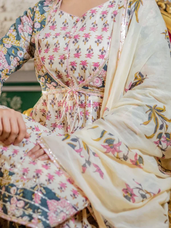 Divena Cream Floral Printed Kurta Sharara With Dupatta Set - Image 3