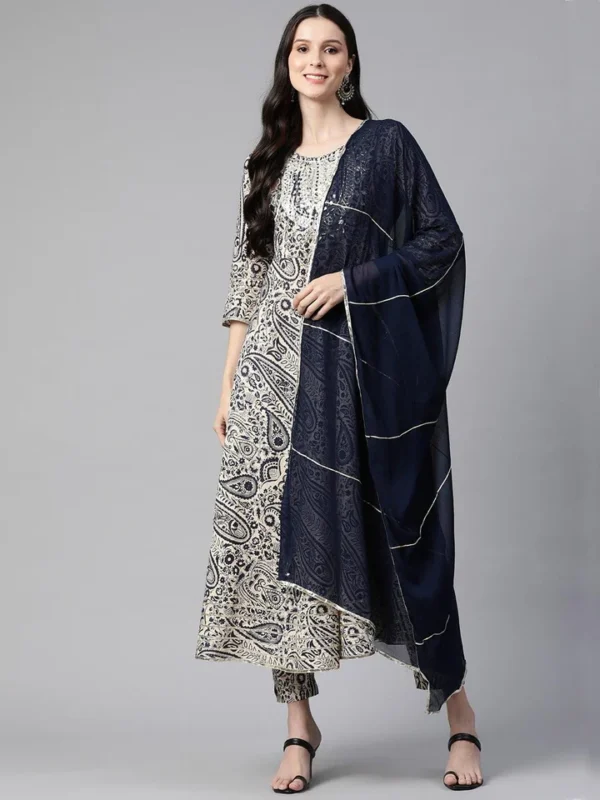 Divena Beige Cotton Straight Kurta pant set with Dupatta - Image 2