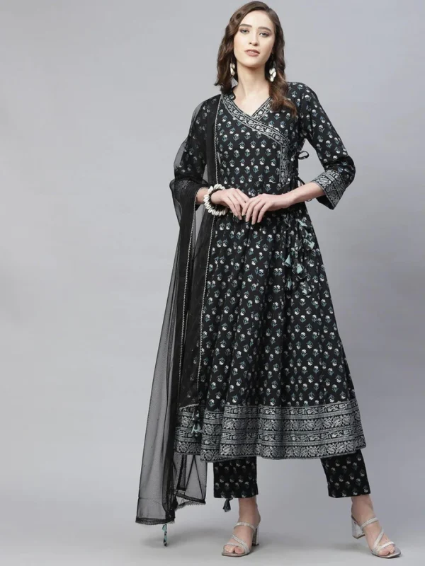 Divena Black Anarkali Kurta Pant set with Net Dupatta - Image 2