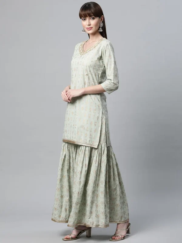 Divena Sea Green Golden Printed Kurta Sharara set with Dupatta - Image 2
