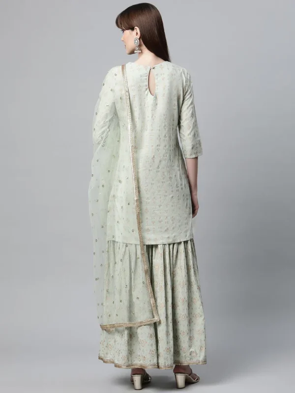 Divena Sea Green Golden Printed Kurta Sharara set with Dupatta - Image 4