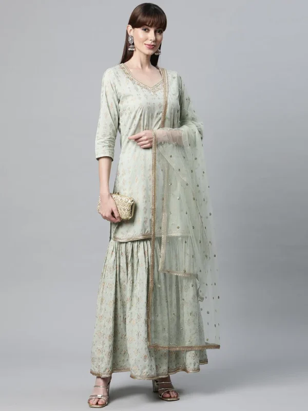 Divena Sea Green Golden Printed Kurta Sharara set with Dupatta - Image 3