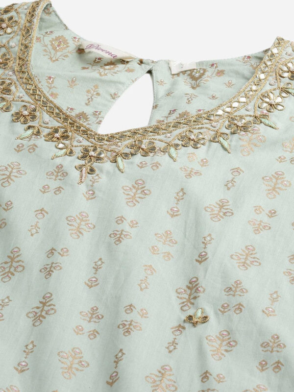 Divena Sea Green Golden Printed Kurta Sharara set with Dupatta - Image 5