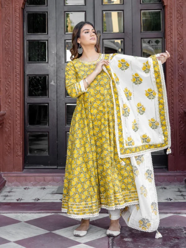 Divena Mustard Cotton Anarkali Kurta Pant Set With Dupatta - Image 3