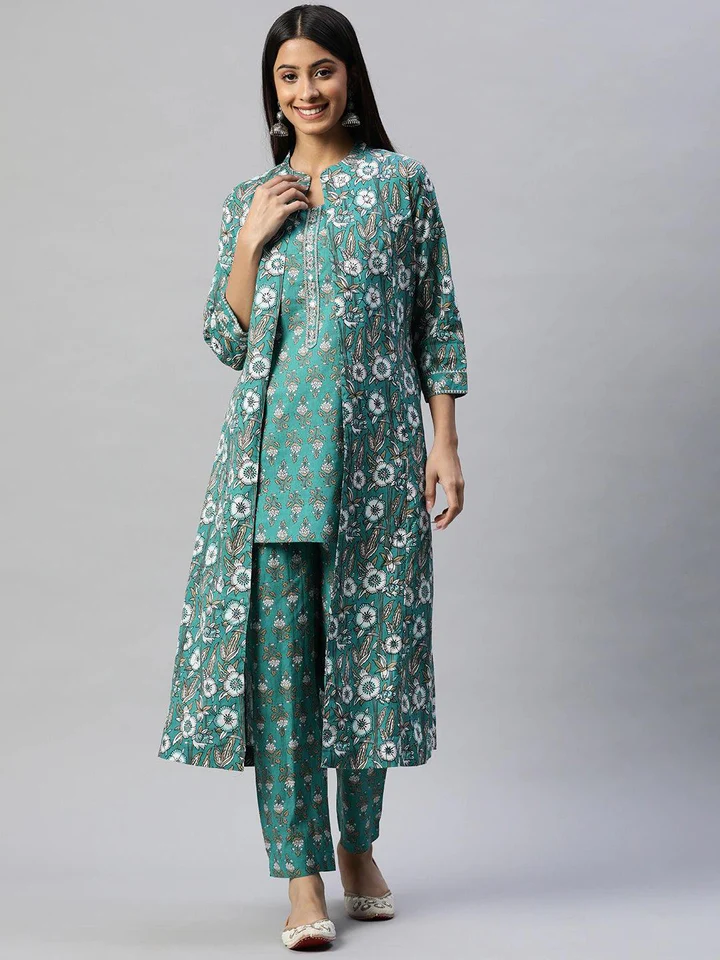 DK0703.1_720x Divena Green Cotton Floral Printed Three Piece Indowestern Kurta Pant Set with Jacket - Image 1
