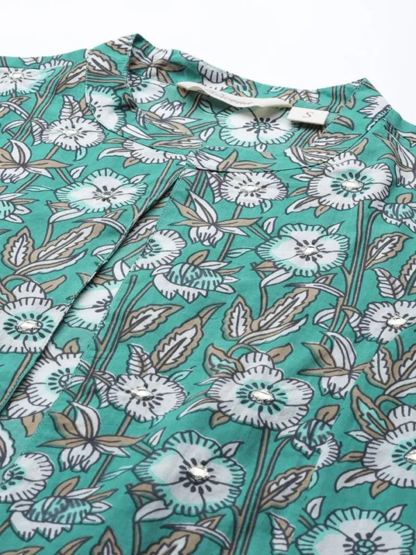 Divena Green Cotton Floral Printed Three Piece Indowestern Kurta Pant Set with Jacket - Image 5
