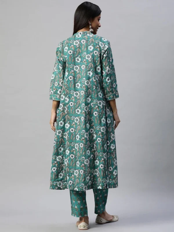 Divena Green Cotton Floral Printed Three Piece Indowestern Kurta Pant Set with Jacket - Image 3