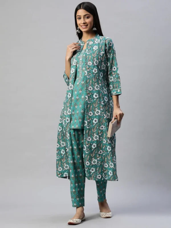 Divena Green Cotton Floral Printed Three Piece Indowestern Kurta Pant Set with Jacket - Image 2