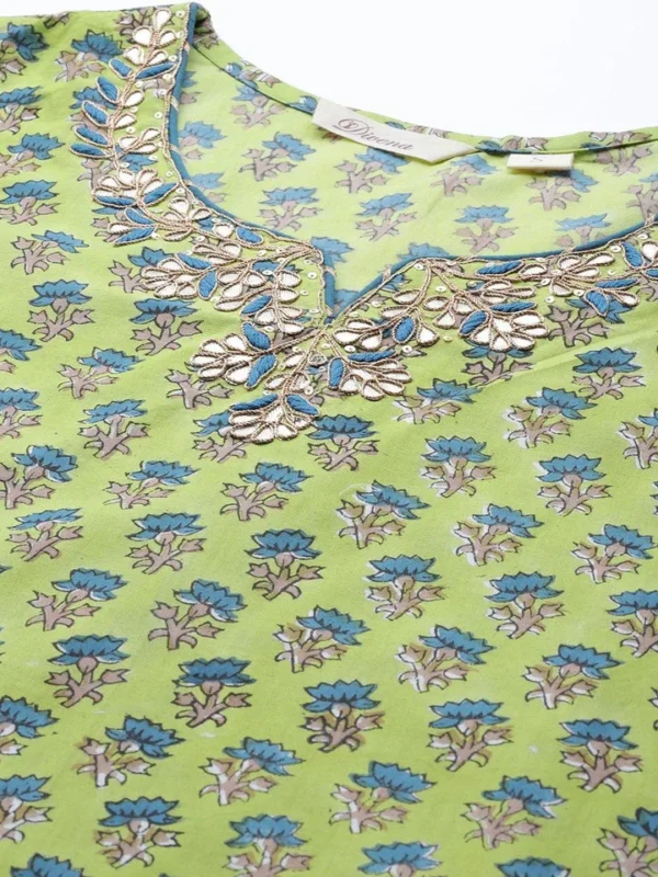 Divena Green Cotton Hand Block Printed Kurta Pant set with Dupatta - Image 3