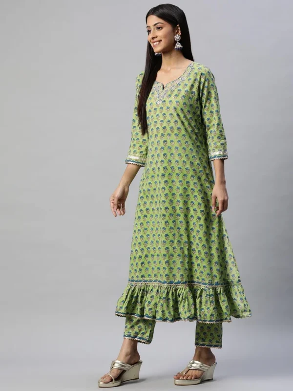 Divena Green Cotton Hand Block Printed Kurta Pant set with Dupatta - Image 2