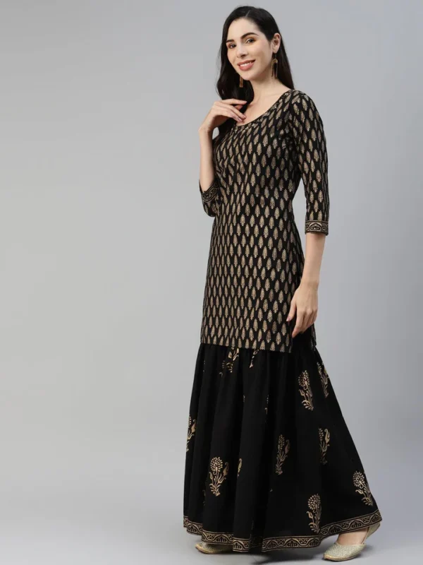 Divena Black Gold Printed Cotton Kurta Sharara Set with Dupatta - Image 3