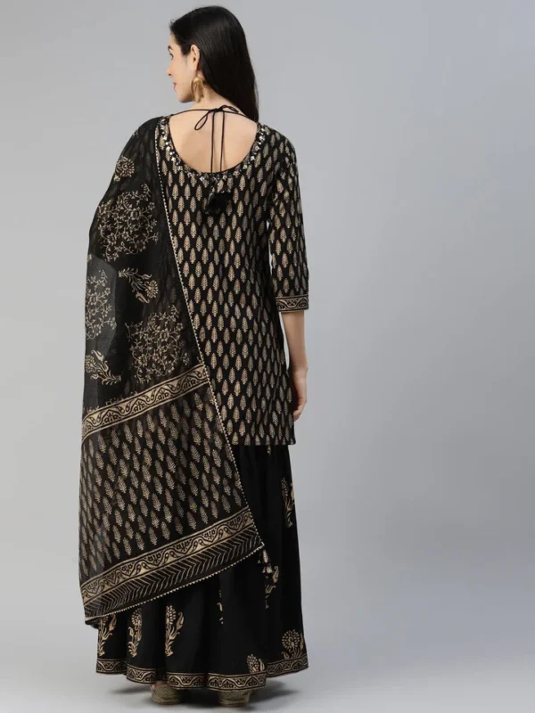 Divena Black Gold Printed Cotton Kurta Sharara Set with Dupatta - Image 4