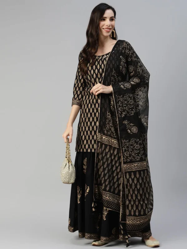 Divena Black Gold Printed Cotton Kurta Sharara Set with Dupatta - Image 2