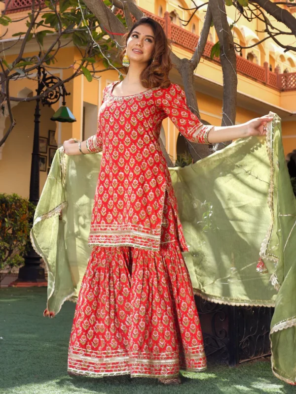 Divena Red Cotton Dabu Printed Kurta Sharara Set with Kota Doria Dupatta - Image 5