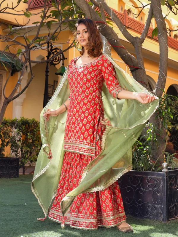 Divena Red Cotton Dabu Printed Kurta Sharara Set with Kota Doria Dupatta - Image 6