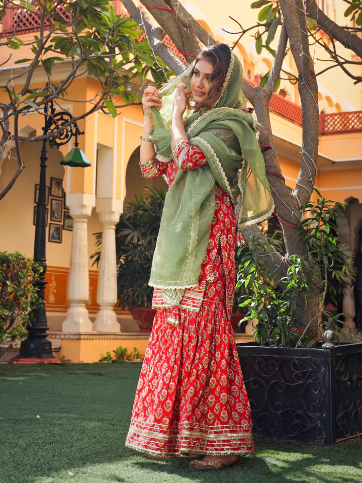 DK0708.4_720x Divena Red Cotton Dabu Printed Kurta Sharara Set with Kota Doria Dupatta - Image 1