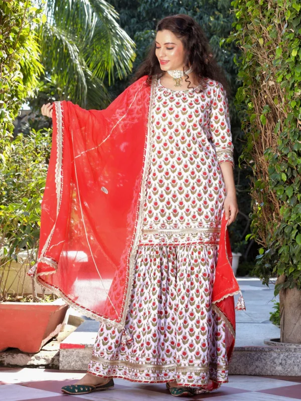 Divena Red & White Cotton Dabu Printed Kurta Sharara Set with Kota Doria Dupatta - Image 2
