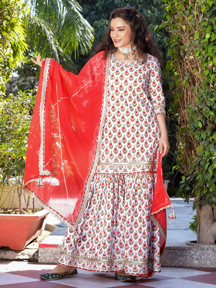 DK0709.2_720x Divena Red & White Cotton Dabu Printed Kurta Sharara Set with Kota Doria Dupatta - Image 1