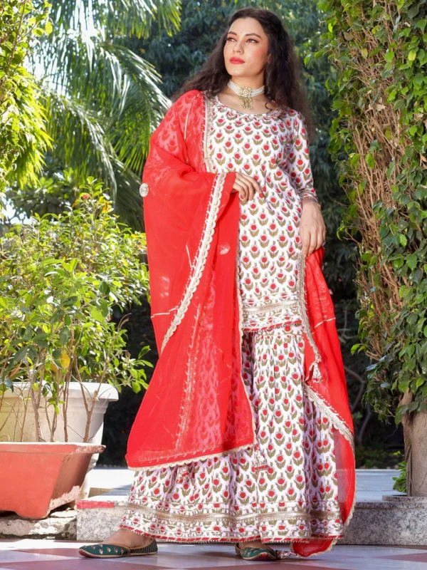 Divena Red & White Cotton Dabu Printed Kurta Sharara Set with Kota Doria Dupatta - Image 3