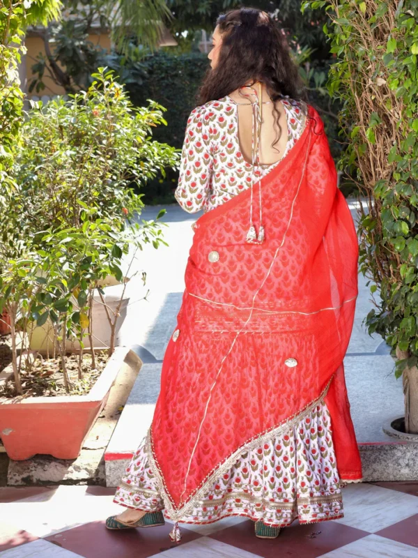 Divena Red & White Cotton Dabu Printed Kurta Sharara Set with Kota Doria Dupatta - Image 4