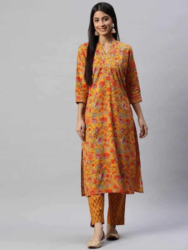 Divena Mustard Cotton Floral Printed Kurta Pant Set - Image 3