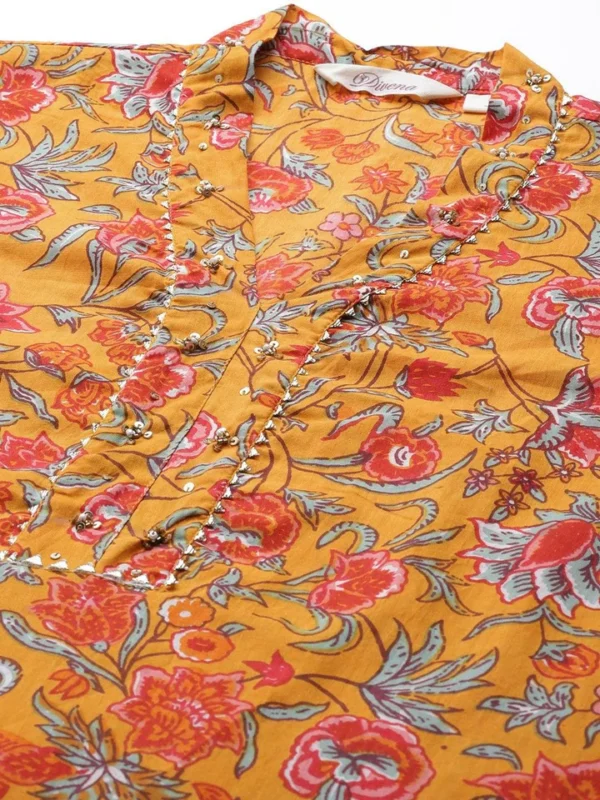 Divena Mustard Cotton Floral Printed Kurta Pant Set - Image 6