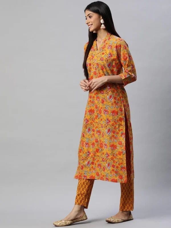 Divena Mustard Cotton Floral Printed Kurta Pant Set - Image 2