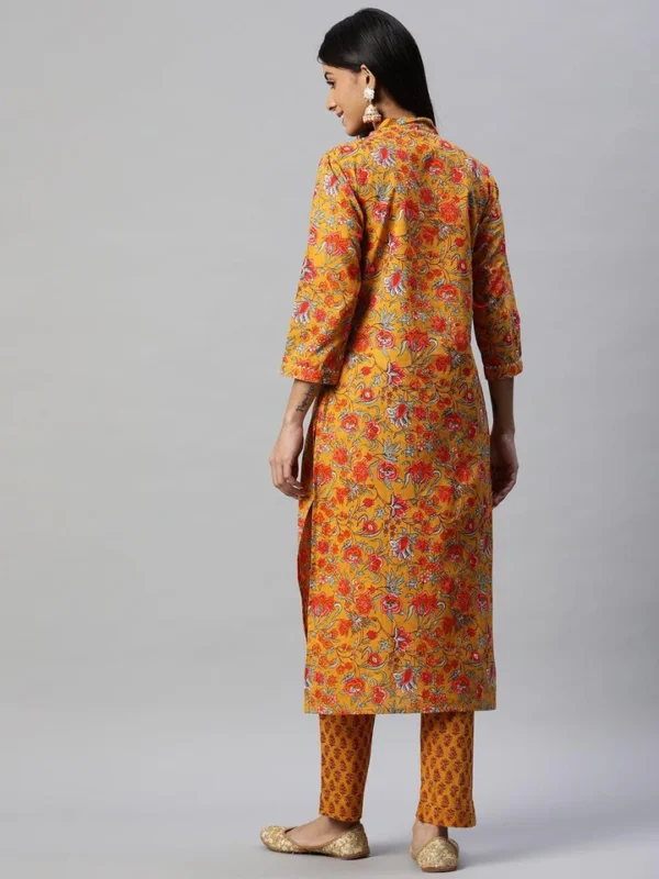 Divena Mustard Cotton Floral Printed Kurta Pant Set - Image 4