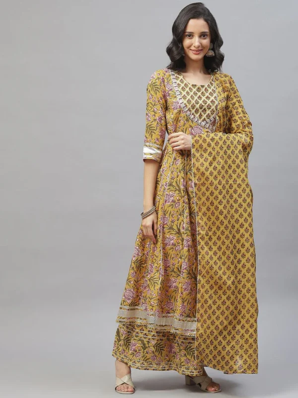 Divena Mustard Cotton Anarkali Kurta Palazzo Set With Dupatta - Image 2