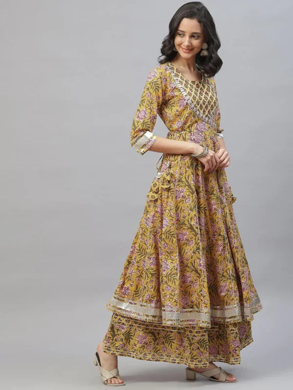 Divena Mustard Cotton Anarkali Kurta Palazzo Set With Dupatta - Image 3