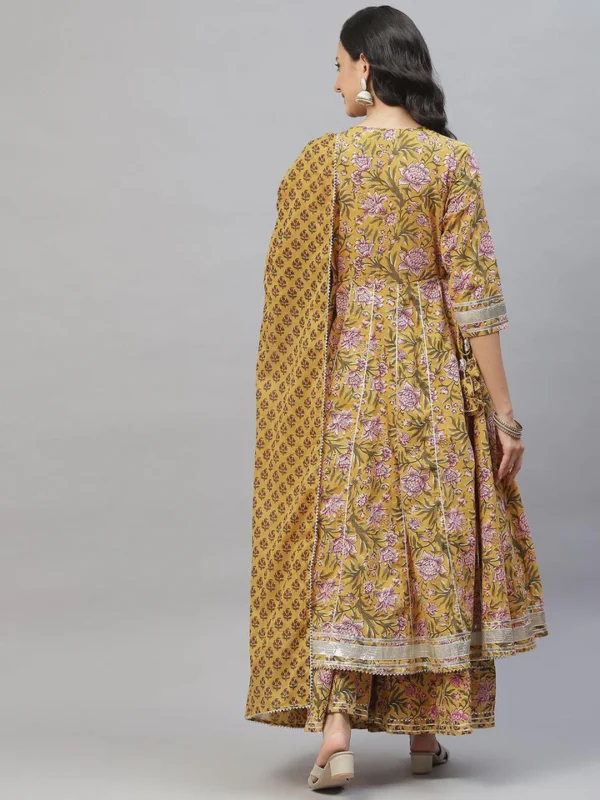 Divena Mustard Cotton Anarkali Kurta Palazzo Set With Dupatta - Image 4