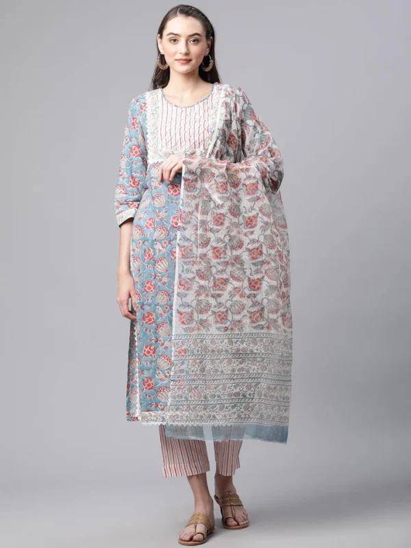 Divena Turquoise Blue Hand Block Printed Kurta Pant Set with Dupatta - Image 2