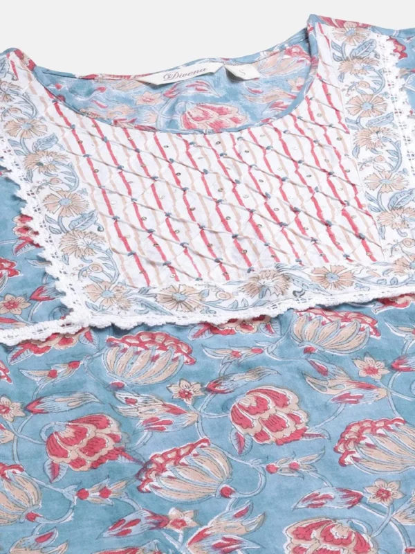 Divena Turquoise Blue Hand Block Printed Kurta Pant Set with Dupatta - Image 5