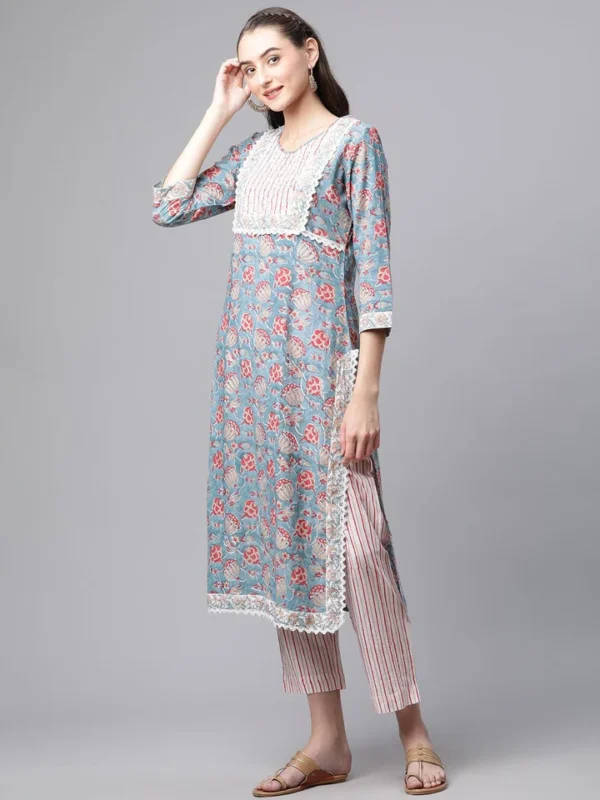 Divena Turquoise Blue Hand Block Printed Kurta Pant Set with Dupatta - Image 3