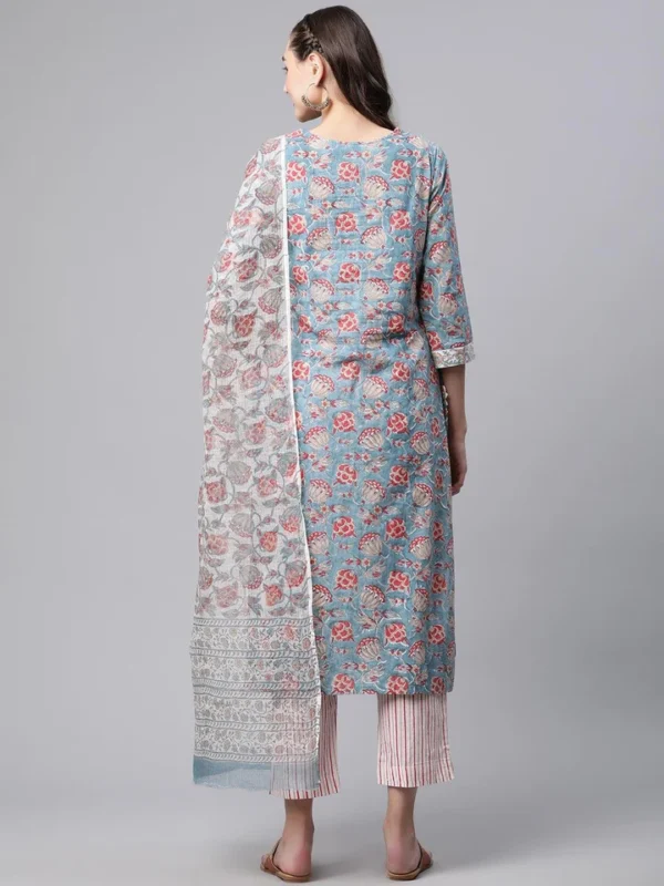 Divena Turquoise Blue Hand Block Printed Kurta Pant Set with Dupatta - Image 4