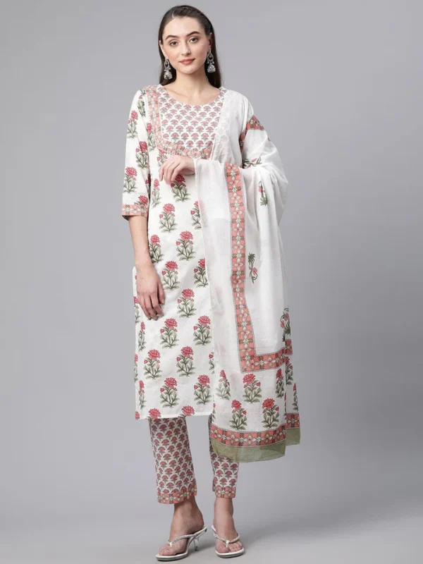 Divena White Floral Kurta pant set with Mulmul Dupatta - Image 2